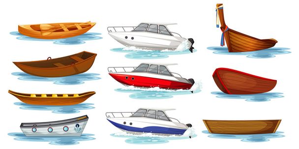Σύνολο διαφορετικών ειδών σκαφών και πλοίων απομονωμένη απεικόνιση - Διάνυσμα, εικόνα