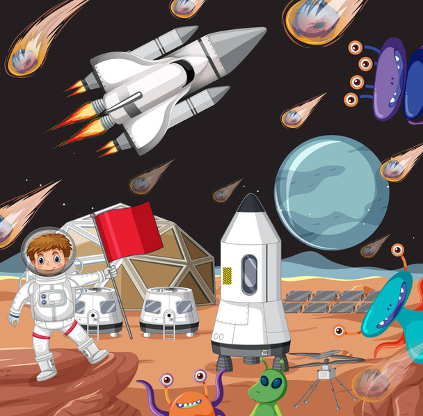 Buitenruimte scène met astonaut en alien in cartoon stijl illustratie - Vector, afbeelding