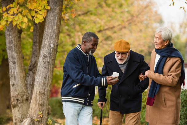 African american man holding smartphone near senior interracial friends in autumn park  - Photo, Image