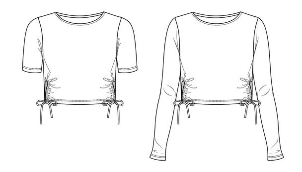Vector woman t-shirt with cutouts and long sleeves fashion CAD, crop blouse with boat neck technical drawing, template, flat, sketch. Jersey or woven fabric top with front, back view, white color - Vector, Image
