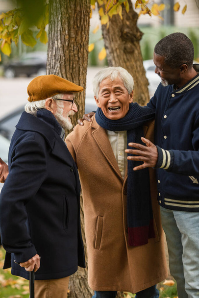 Asian man hugging interracial senior friends in autumn park  - Foto, imagen