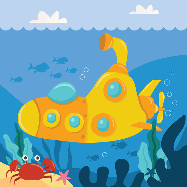Uma ilustração vetorial de desenhos animados de um submarino amarelo subaquático. - Vetor, Imagem