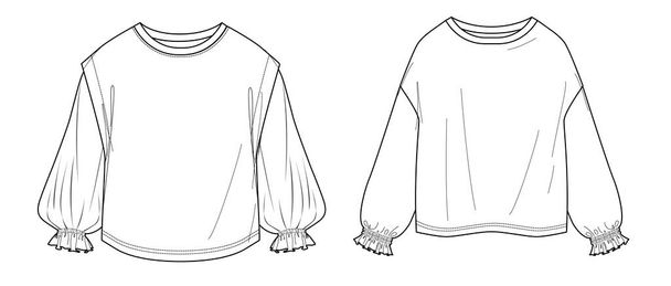 Vector Rundhalsausschnitt langärmelige Top Mode CAD, Frau 2 Peaces Set T-Shirt technische Zeichnung, langärmeliges Sweatshirt flach, Vorlage, Skizze. Jersey Bluse mit Vorder-, Rückseite, weiße Farbe - Vektor, Bild