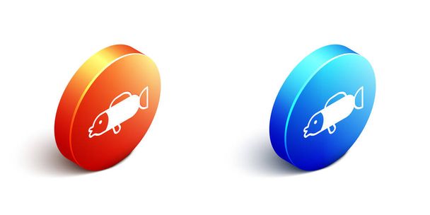 Icono de pez globo isométrico aislado sobre fondo blanco. Fugu pescado pez globo japonés. Botón círculo naranja y azul. Vector - Vector, Imagen