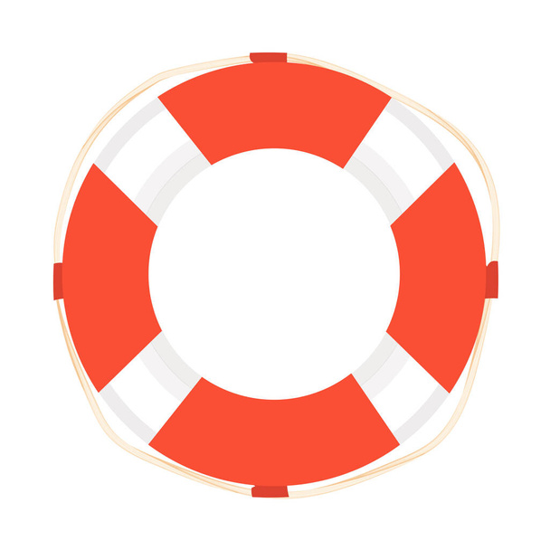 Lifebuoy, lifesaver with rope in red and white color in cartoon style isolated on white background. Life saving at sea. Rescue circle for summer vacation, water security - Vector, Image