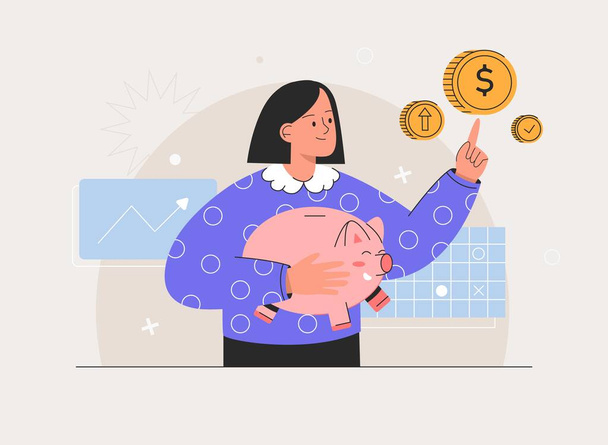 Woman saving money and putting coins in Piggy bank. Finance planning, income and expenses calculation, economic infographic, budget planning. Flat style vector illsutration. - Vector, Image