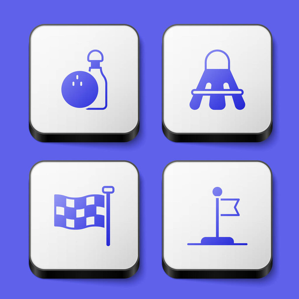 Ορισμός pin Bowling και μπάλα, Badminton shuttlecock, καρό σημαία και σημαία εικονίδιο. Λευκό τετράγωνο κουμπί. Διάνυσμα - Διάνυσμα, εικόνα