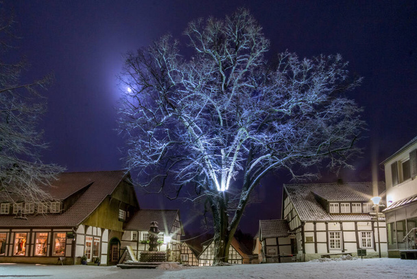 romántico paisaje nocturno en la vieja ciudad alemana con casas de entramado de madera y árbol cubierto de nieve a la luz de la luna, Tecklenburg, Alemania - Foto, Imagen