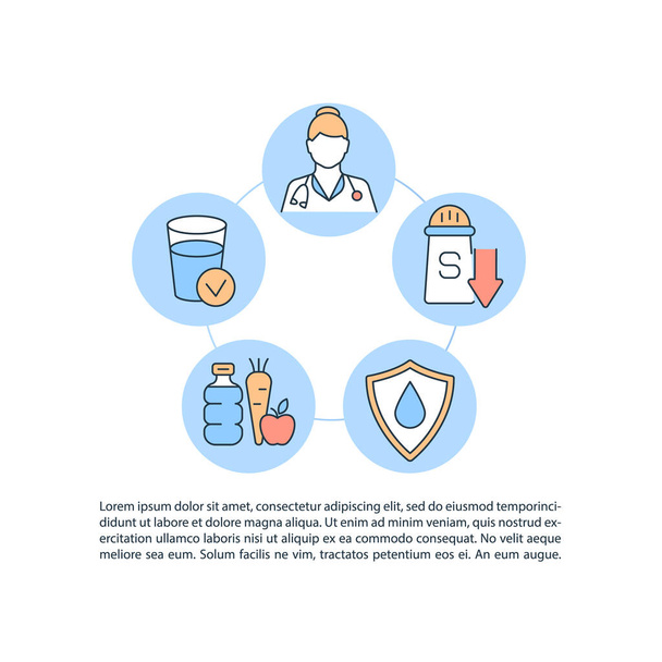 Dehydration treatment concept line icons with text. PPT page vector template with copy space. Brochure, magazine, newsletter design element. Replenish body fluid level linear illustrations on white - Vetor, Imagem
