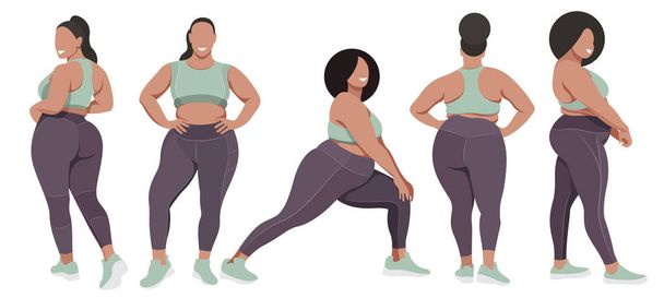 vector illustration on the theme of body positivity, physical activity and sports. a group of healthy girls of natural beauty in leggings and sports bras are engaged in fitness.each figure is isolated - Vector, Image