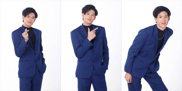Half Body Portrait 20s Asian Business man wear Blue Formal Suit pants shoes for Gala Dinner and celebrate meeting. Young Smart Male stand confident feeling happy smile. White background isolated - Photo, Image