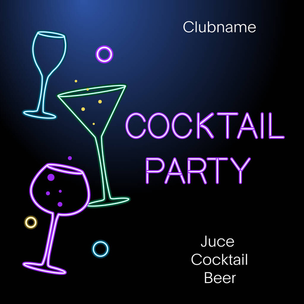 Flyer voor cocktailparty 's. Neon teken, helder alcoholisch uithangbord - Vector, afbeelding