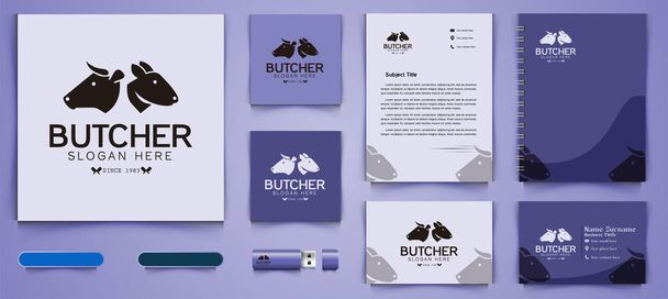 rabbit, cow head, crossed knife, slaughter logo and business branding template Designs Inspiration Isolated on White Background - Vector, Image