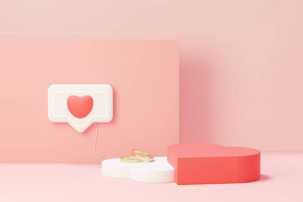 3Dは、モックアップと製品ブランドのプレゼンテーションのためのディスプレイ表彰台と最小限の甘いシーンをレンダリングします。ピンクの台座はバレンタインデーのテーマのためのものです。かわいいハートの背景。愛の日のデザインスタイル. - 写真・画像