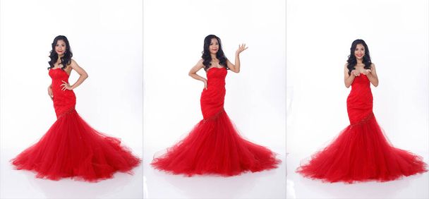 Täysi pituus kehon muotokuva 20s Aasian nainen pukeutua punainen iltapuku pitkä pallo mekko. Ruskettunut iho tyttö seistä Muoti aiheuttaa tyylikäs paljetti pitkä pitsi hiha valkoinen tausta eristetty - Valokuva, kuva