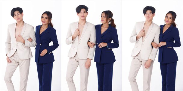 Zwei Pärchen in weißem Anzug und blauem Sakko-Blazer zum Gala-Dinner. Profilschießen von männlichen weiblichen Standplätzen selbstbewusstes Lächeln, weißer Hintergrund - Foto, Bild