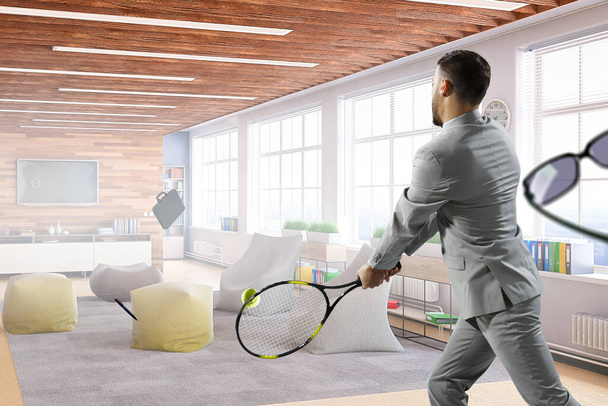Businessman playing tennis . Mixed media - Φωτογραφία, εικόνα