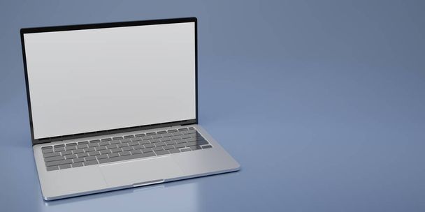 3Dレンダリングコンピュータのラボトップの白い画面を青の背景でモックアップします。テキストのためのスペースとのラボモックアップ。ノート。コピースペース。3Dレンダリング図. - 写真・画像