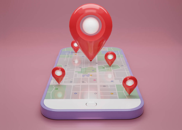 GPS. Červený navigační pin s mapou na fialovém smartphonu, mobilním telefonu. Chytrý telefon. Špendlík umístění, mapa polohy, ikona umístění. 3D vykreslování ilustrace. - Fotografie, Obrázek