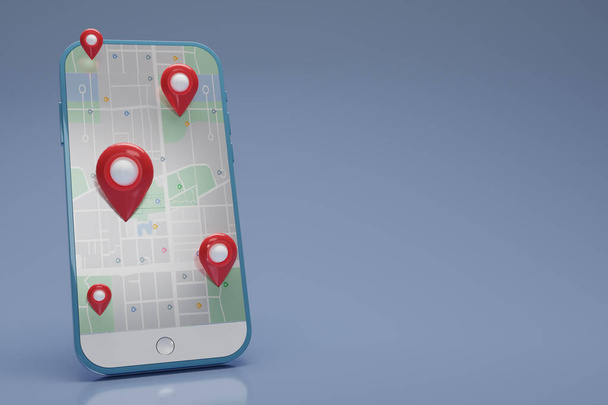 GPSだ。青いスマートフォン、携帯電話上の地図で赤いピンのチェック。スマートフォン。位置情報ピン、位置情報マップ、位置情報アイコン。3Dレンダリング図. - 写真・画像