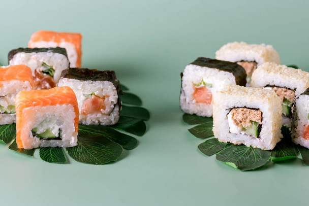 Various Kinds of Sushi on Green Background Tasty Japanese Food Horizontal - Fotografie, Obrázek