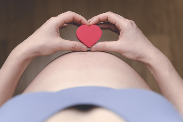 Μια έγκυος γυναίκα μετά IVF κρατά μια μικρή κόκκινη καρδιά στα χέρια της. Η έννοια της μητρότητας, γονιμότητας, νέας ζωής, εξωσωματική γονιμοποίηση. - Φωτογραφία, εικόνα