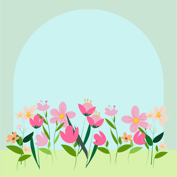 Renkli çiçekler ve ahenkli düzenlenmiş yeşilliklerle süslenmiş boş bir çerçeve. Boş Poster Sınırı Çevrili Çok Renkli Buket Düzenli Keyifle. - Vektör, Görsel