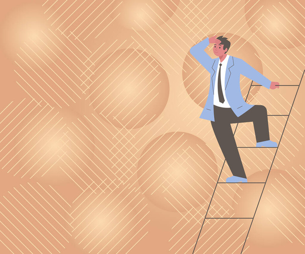 Gentleman In Suit Standing Ladder Pesquisando as ideias mais recentes do plano Cumprir com sucesso os objetivos. Escadas de Escalada Explorando Estratégias Inovadoras Futuras. - Vetor, Imagem