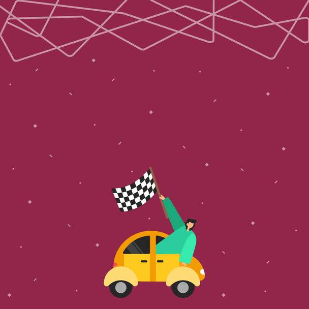 Üzletember lobogtatva banner a jármű versenyzés felé sikeres jövőbeni fejlesztések. Human Reaching Out Car Using Flag A Start legújabb utazási céljai. - Vektor, kép
