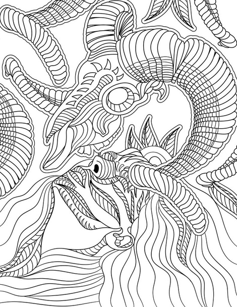 Lady Line Dibujo con un cráneo de dragón sobre su cabeza Libro para colorear con detalles dentro - Vector, imagen