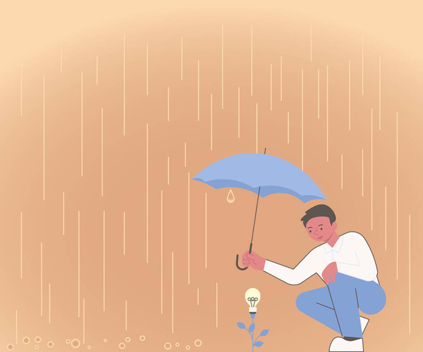 Gentleman Holding Paraplu Groeiende Bloem Vertegenwoordigen Nieuwe Project Ideeën Zorgen voor een succesvolle toekomst. Vertoning van innovatieve strategieën door de mens om succes te boeken. - Vector, afbeelding
