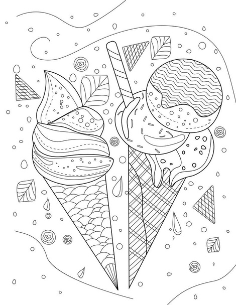 Two Ice Cream Cones With Background Of Falling Frost And Chocolate Chips Line Drawing Coloring Book - Vector, Image