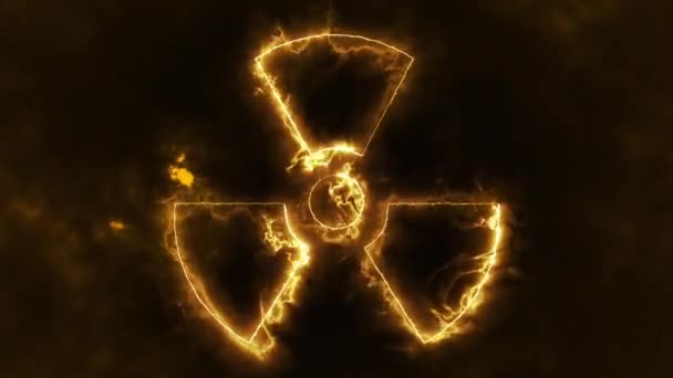 Lángoló ikonikus futófelület radioaktív szimbólum háttér animáció. Az ionizáló sugárzás veszélyére figyelmeztető jelzés háttere. - Felvétel, videó