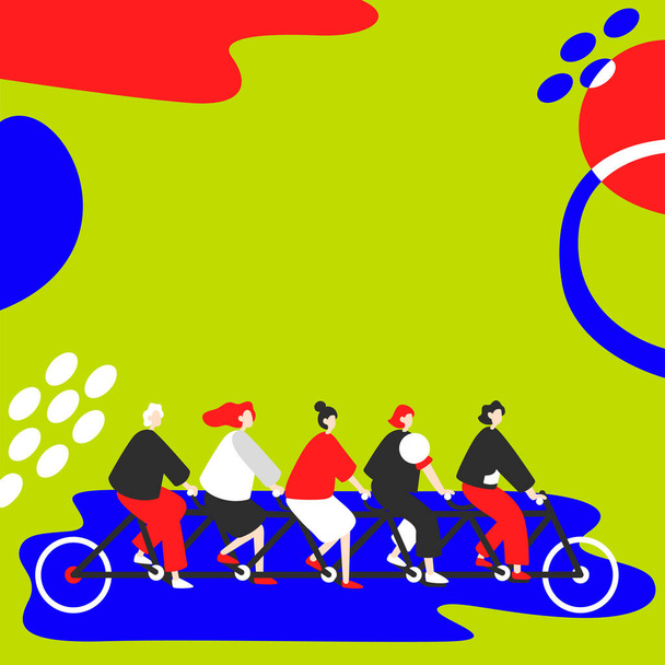 Cinco colegas montando en bicicleta representando un esfuerzo combinado para resolver exitosamente el problema del equipo. Socios de Grupo Usando Vehículos Mostrando Trabajo en Equipo Alcanzando Objetivos. - Vector, imagen