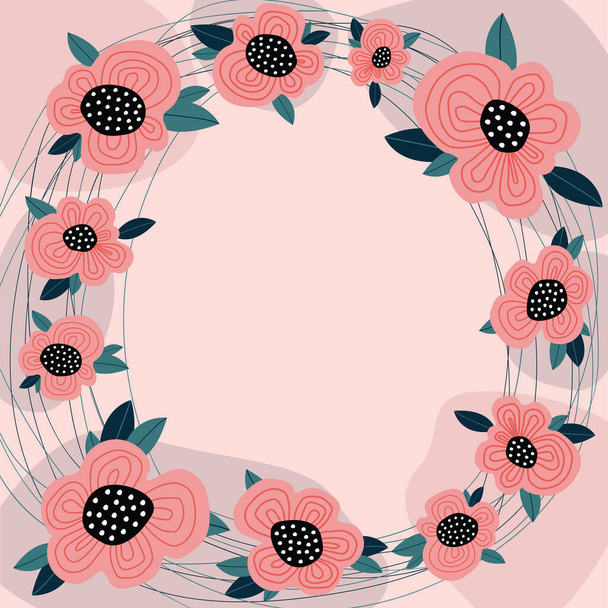 Text Frame Surrounded With Assorted Flowers Hearts And Leaves. Framework For Writing Ringed With Different Daisies, Hearts And Tree Leaves - Vector, Image