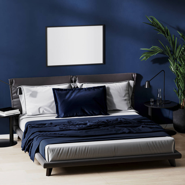 Çerçeve modern yatak odasının içini koyu mavi renklerle, siyah yatak masaları, ahşap döşemeler ve yeşil bitkilerle süslüyor. - Fotoğraf, Görsel