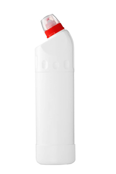 Botella de plástico blanco o recipiente para agente de limpieza aislado sobre fondo blanco. Diseño de collage. - Foto, imagen