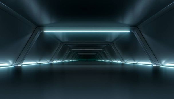 Abstract Futuristic dark corridor interior design. Future tunnel with light background. Spaceship sci-fi concept.3D rendering. - Photo, Image