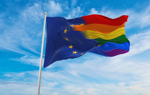 national lgbt flag of European Union flag waving in the wind at cloudy sky. Freedom and love concept. Pride month. activism, community and freedom Concept. Copy space. 3d illustration - Foto, immagini