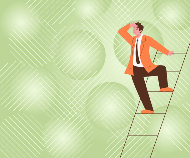 Gentleman In Suit Standing Ladder Searching Latest Plan Ideas Successfully Accomplishing Goals. Man Climbing Stairs Exploring Future Innovative Strategies. - Vector, Image