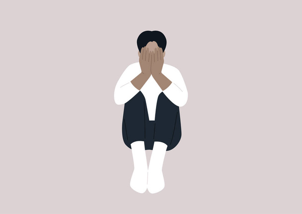 A young male character covering their face with hands, a desperate situation, stress and anxiety, mental health issues - Vector, Image