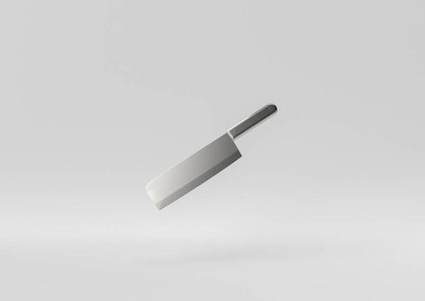 Cuchillo de cocina flotando en fondo blanco. idea de concepto mínimo creativo. Renderizado 3D. - Foto, imagen