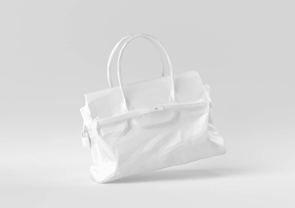 Біла сумка Жінки Модні аксесуари плавають на білому тлі. мінімальна концепція ідеї творча. стиль орігамі. 3D візуалізація
. - Фото, зображення