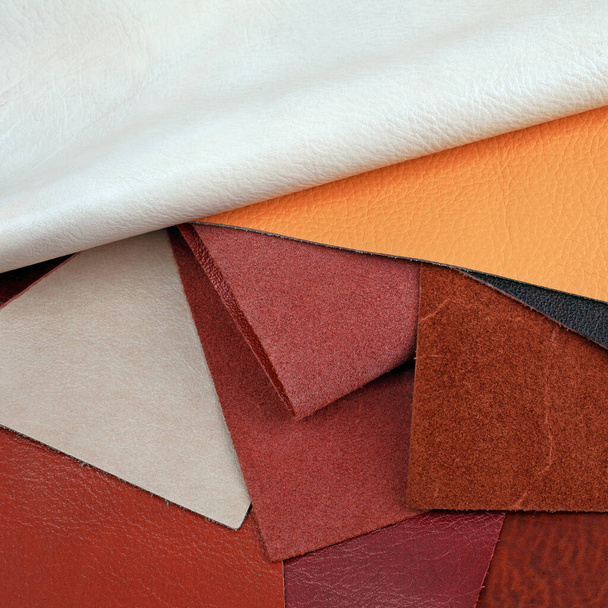 Different colors natural leather textures samples  - Foto, afbeelding