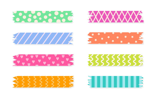Set of colorful patterned washi tape strips. Cute decorative scotch tape isolated on white background. Vector illustration. - ベクター画像