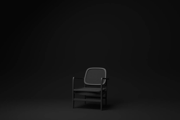 Black wooden comfortable chair on Black background. minimal concept idea. monochrome. render render. - Foto, imagen