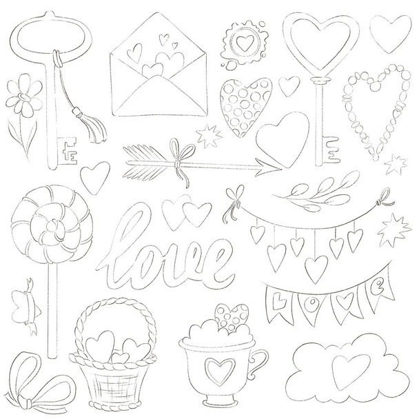 Beyaz bir arka planda beş yıldızlı romantik bir set. Kalpli çizimler, aşk mektupları ve dekorlar. Paket kağıdı, kumaş, dekor için ideal. - Fotoğraf, Görsel