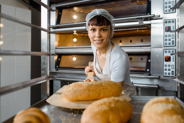 Close up of young happy smiling caucasian woman baker putting the fresh bread on the shelves/rack at baking manufacture factory. Tasty bread bakery factory concept. - Photo, Image
