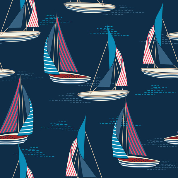 Modern ocean beach wind surfing illustration sailboat with stripes seamless pattern Vector EPS10,Design for fashion , fabric, textile, wallpaper, cover, web , wrapping and all prints on Dark blu - Vettoriali, immagini