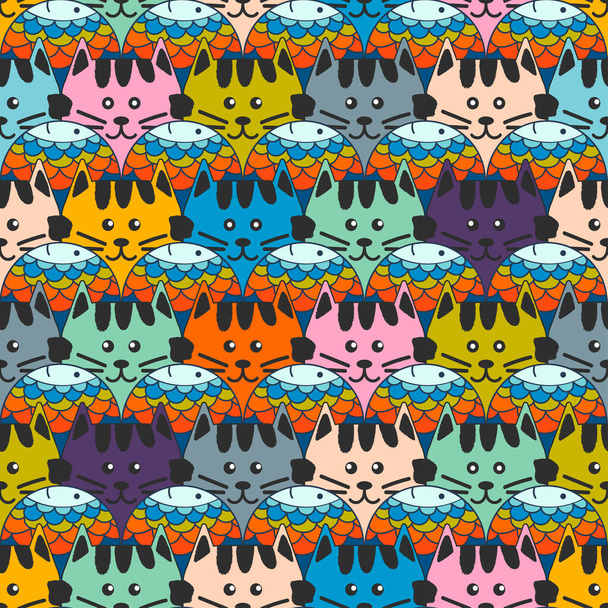 Cute cat heads with fish seamless pattern. Vector - Vector, afbeelding